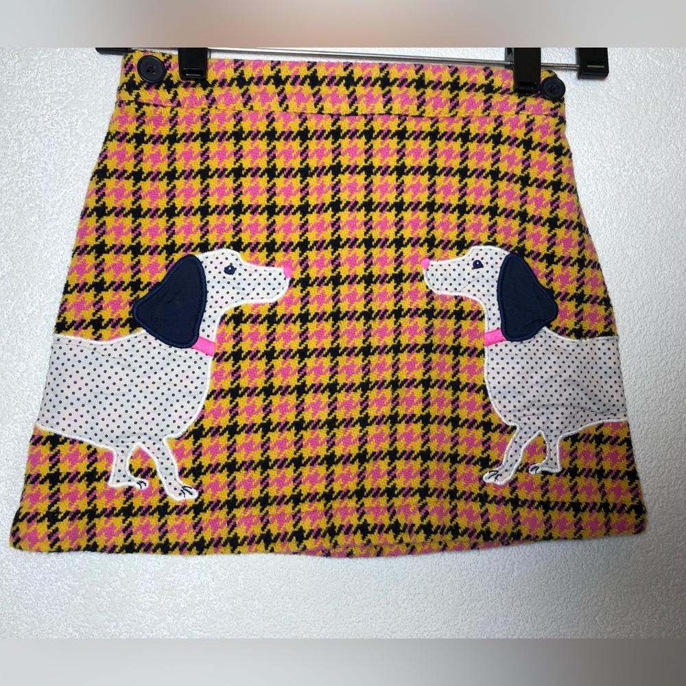 Mini Boden Yellow Pink Houndstooth Skirt with Dog Appliqués 8/9 years